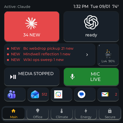 SenseCAP panel main page with agent status, media and mic controls